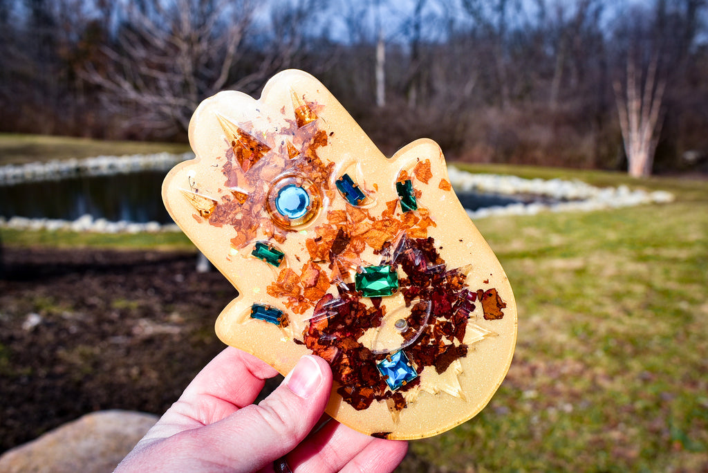 Floral Hamsa Hand Resin Incense Holder – Rose Petal Altar Décor with Celestial Gem Accents