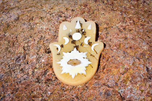 Celestial Hamsa Hand Resin Incense Holder – Lavender-Infused Altar Décor for Protection & Calm