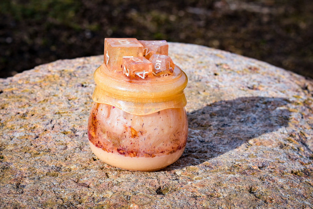 Rose Petal Dice Jar – Mini Resin Curio with RPG Dice