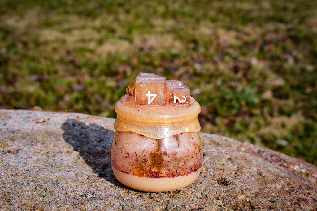 Rose Petal Dice Jar – Mini Resin Curio with RPG Dice