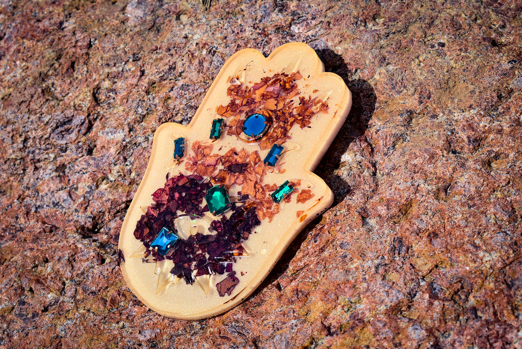 Floral Hamsa Hand Resin Incense Holder – Rose Petal Altar Décor with Celestial Gem Accents