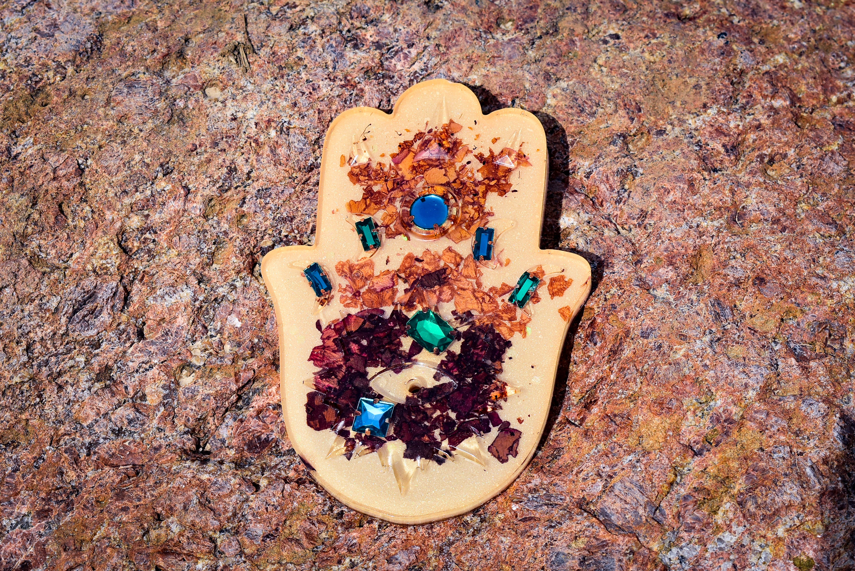 Floral Hamsa Hand Resin Incense Holder – Rose Petal Altar Décor with Celestial Gem Accents