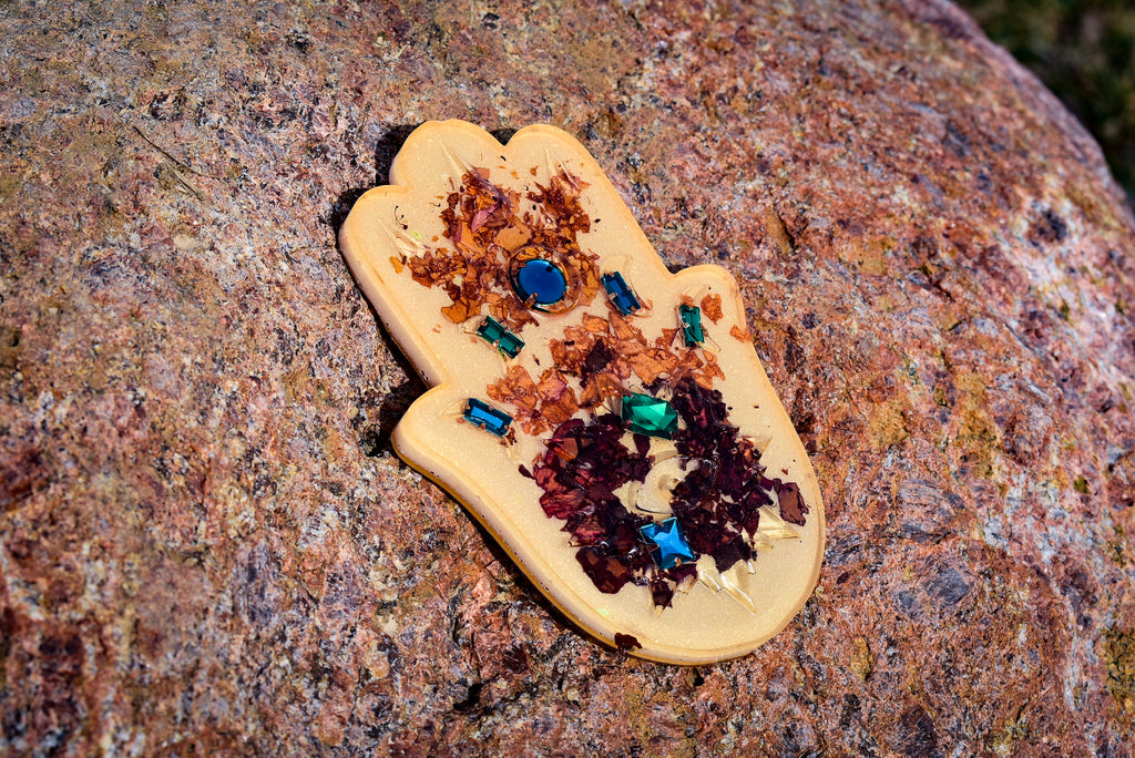 Floral Hamsa Hand Resin Incense Holder – Rose Petal Altar Décor with Celestial Gem Accents