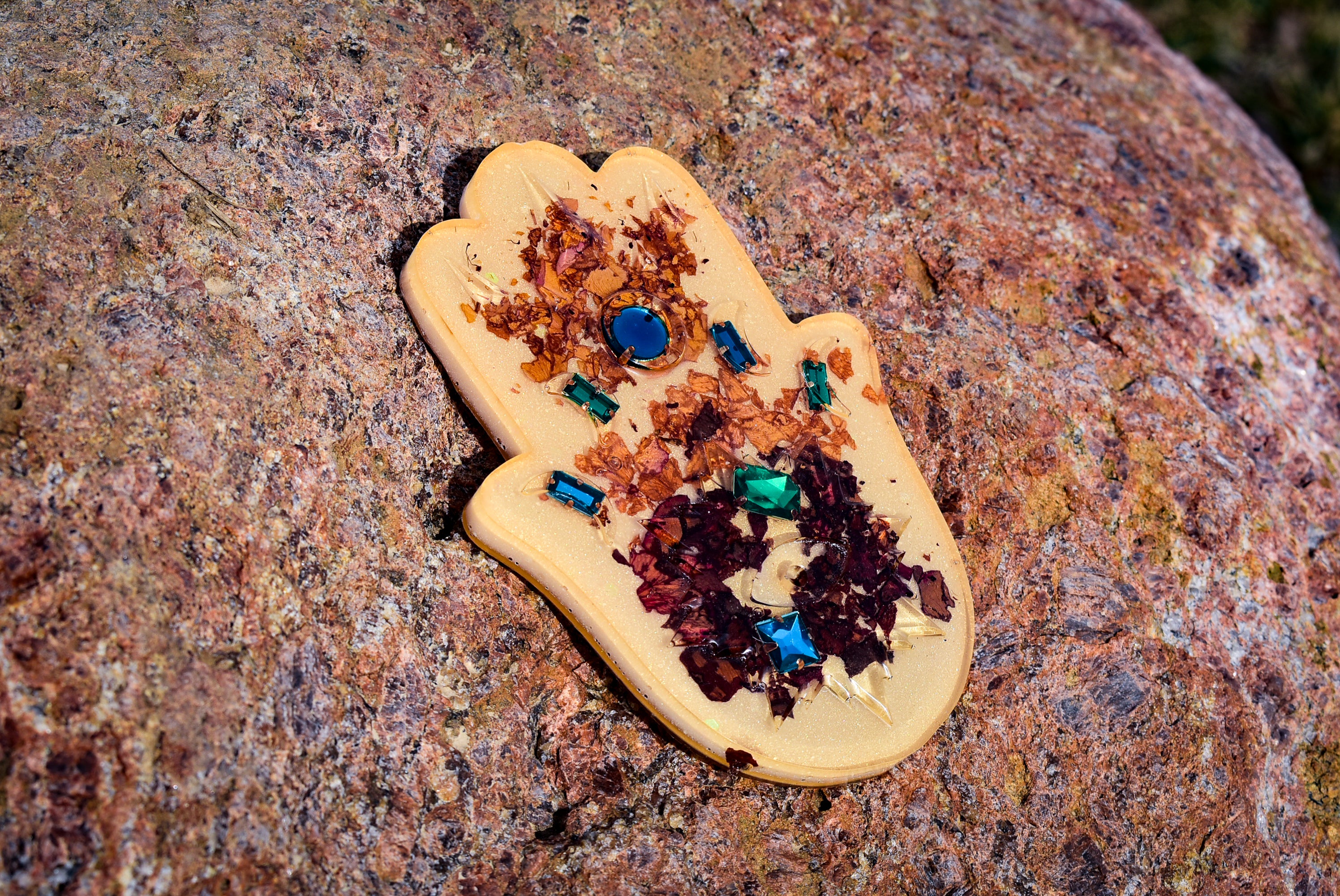 Floral Hamsa Hand Resin Incense Holder – Rose Petal Altar Décor with Celestial Gem Accents